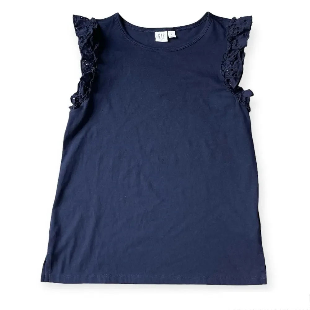 Girls XL 14-16 Gap Kids Navy Blue Lace Eyelet Ruffle Short Sleeve Shirt Blouse